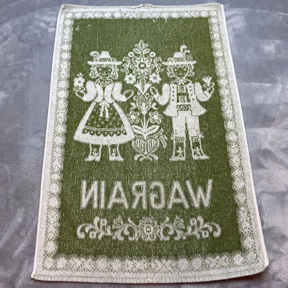 Vintage Wagrain Austria Hand Dish Towel Cotton Terrycloth Green White Folk Art